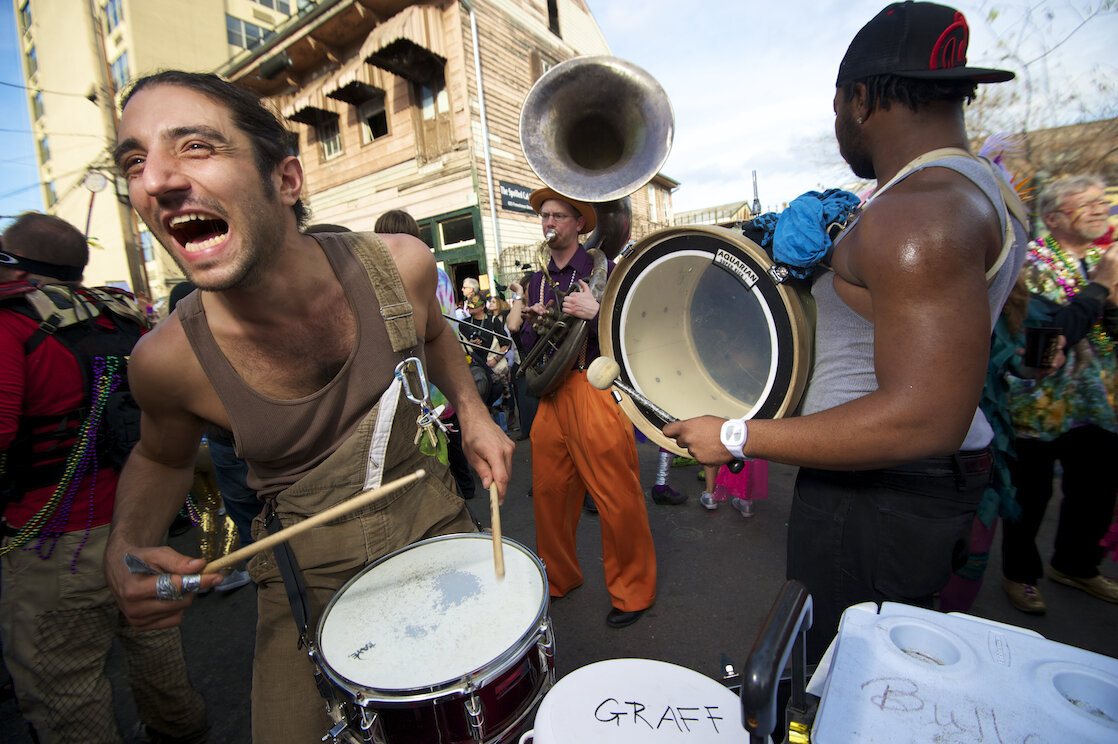 Jams Marotta plays his snare on Mardi Gras Day with the Lagniappe Brass Band. Photo ©Marc Pagani Photography