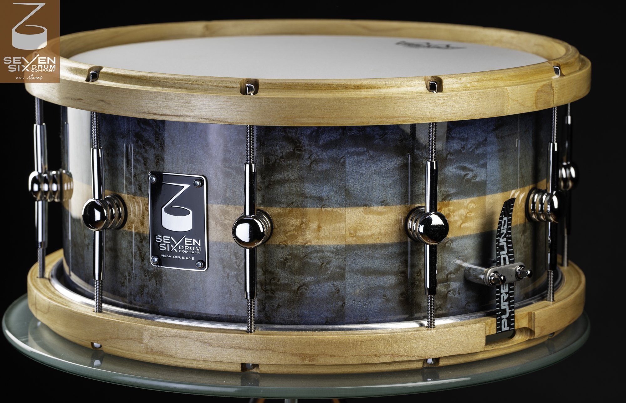 The Dual Navy to Aqua Fade Birdseye Maple Custom Snare Drum